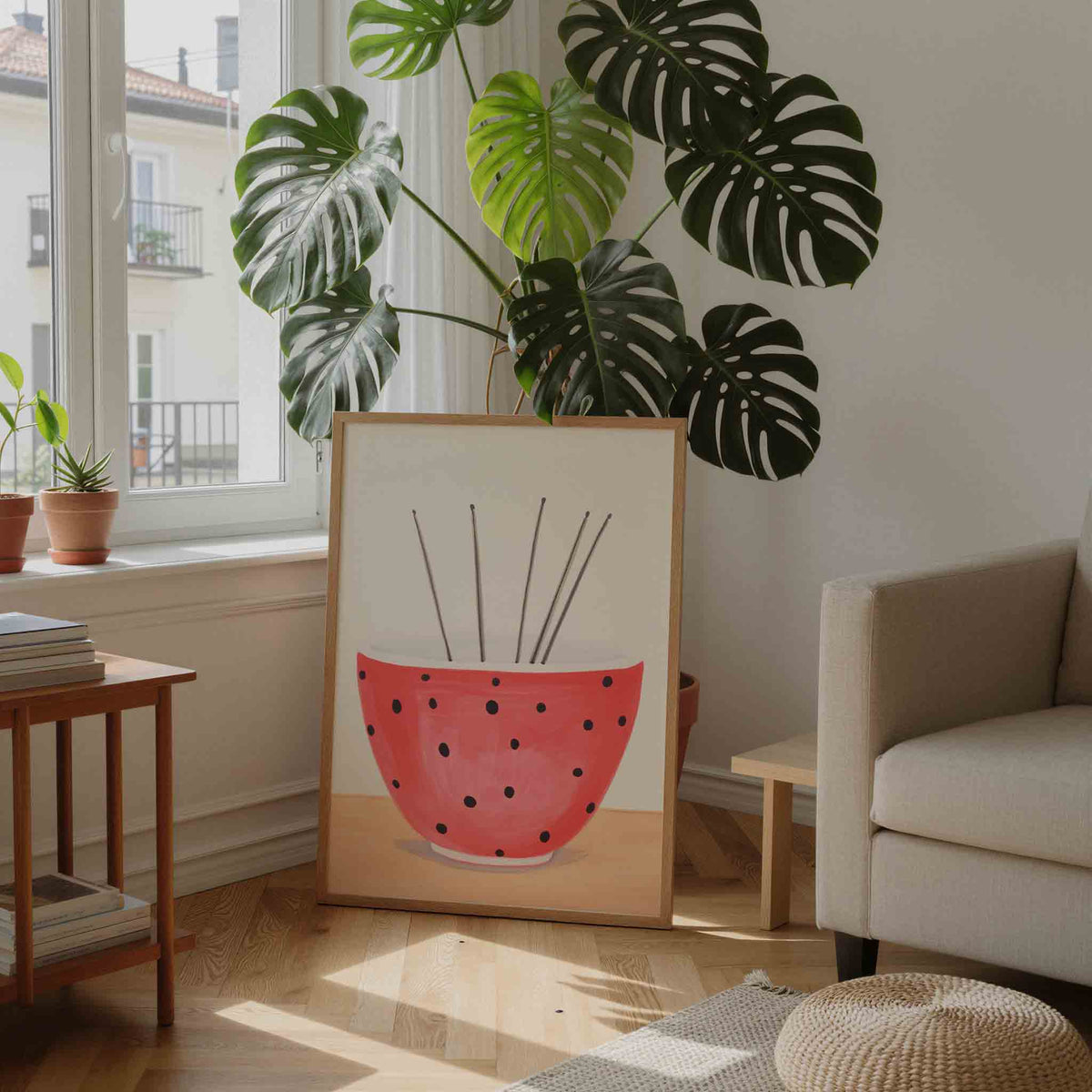 Rode kom met zwarte stippen – moderne wandkunst als portret poster