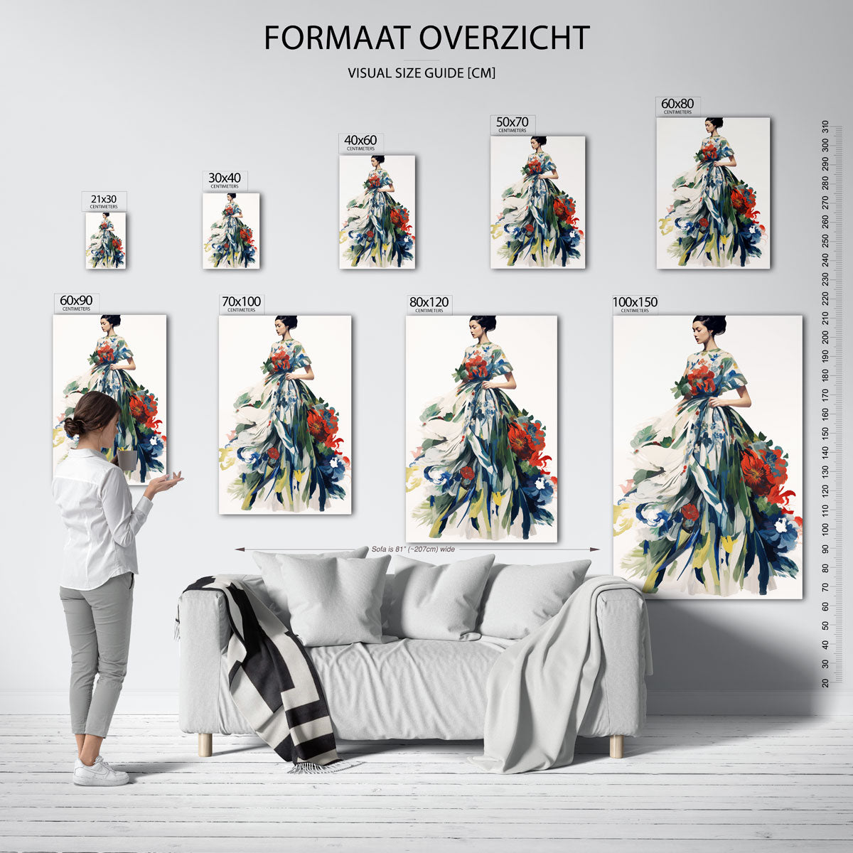 Vrouw in bloemenjurk – staande muurposter met botanisch thema