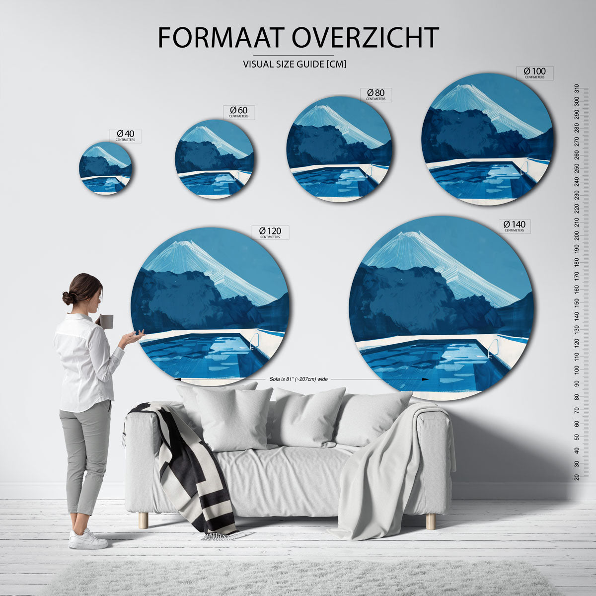Berglandschap met zwembad – ronde muurdecoratie met kleur en vorm