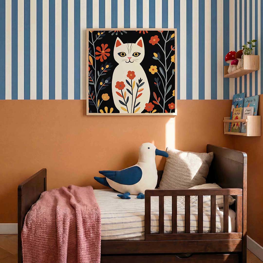 Kat met bloemen – kids poster in vierkant formaat