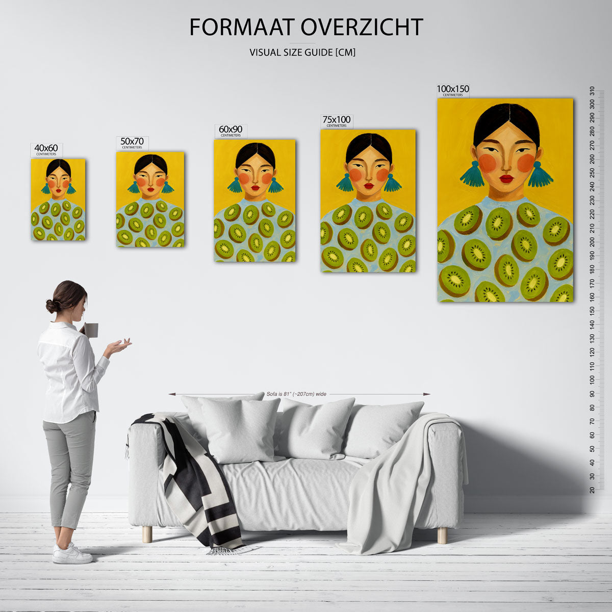 Vrouw met kiwi's – staand wanddecoratie kunstwerk