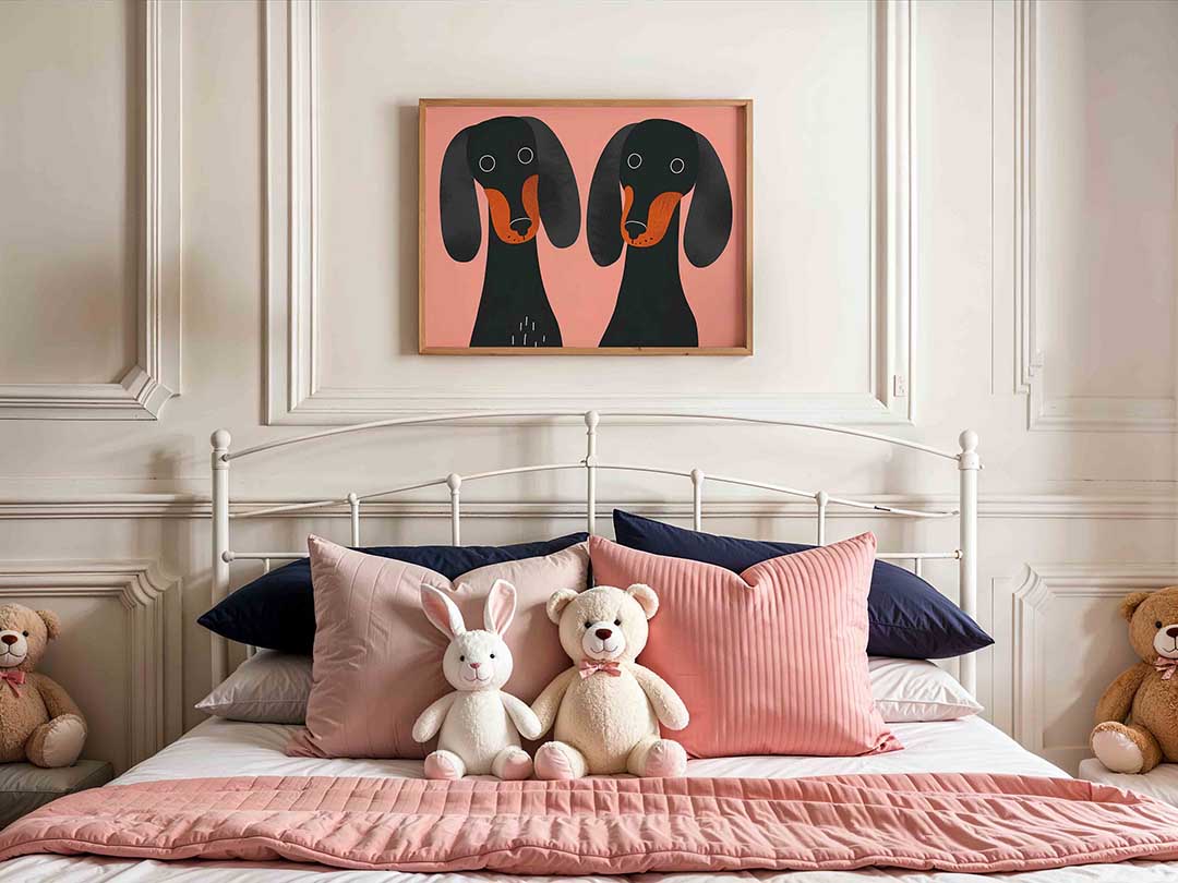 Twee honden op roze – kids poster in liggend formaat