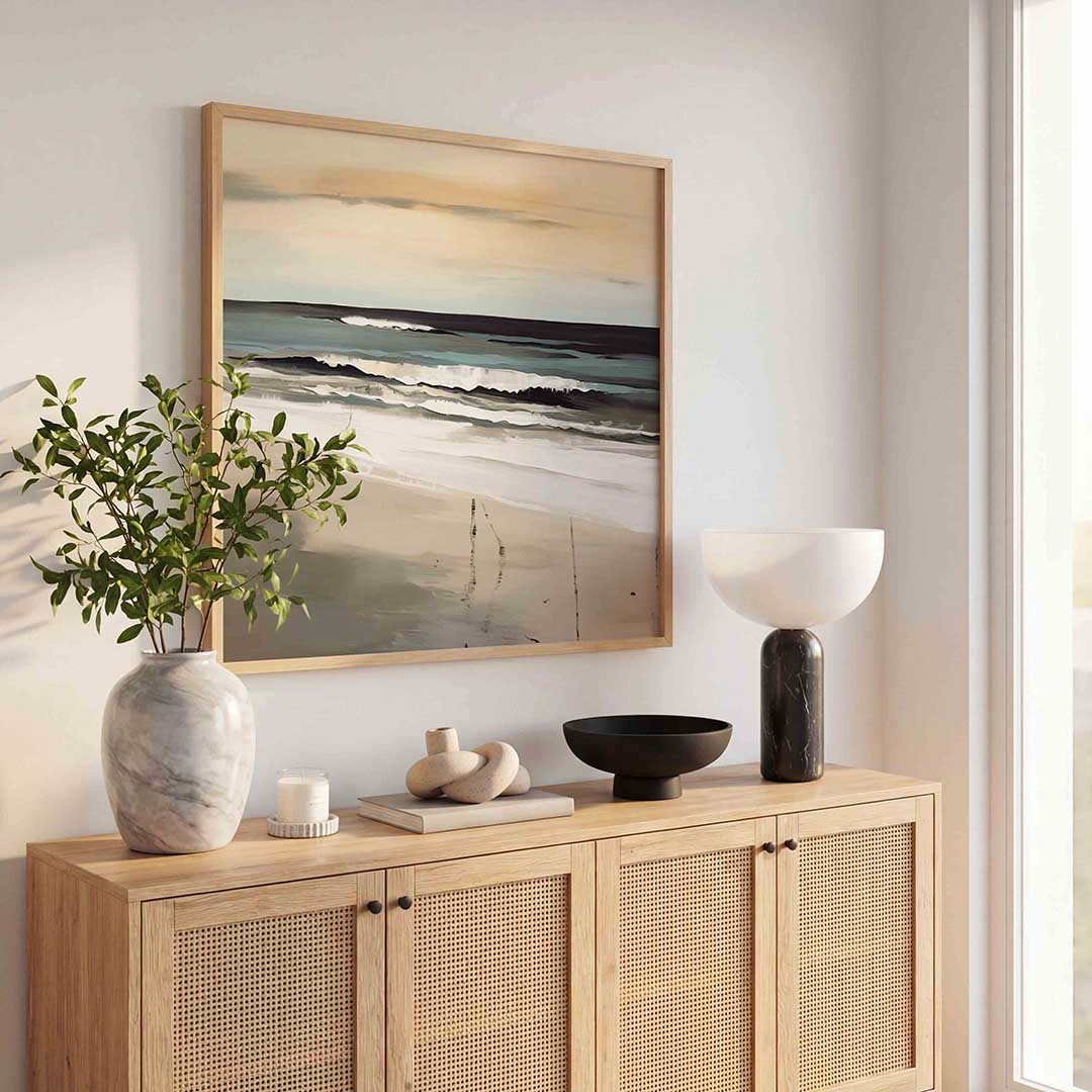Golven en strand – kleurrijke poster in vierkant formaat