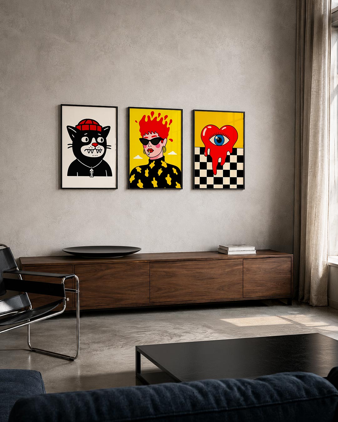 Kleurrijke kat posterset – tweede productweergave – een speelse kat met een rode muts en een visgraatketting