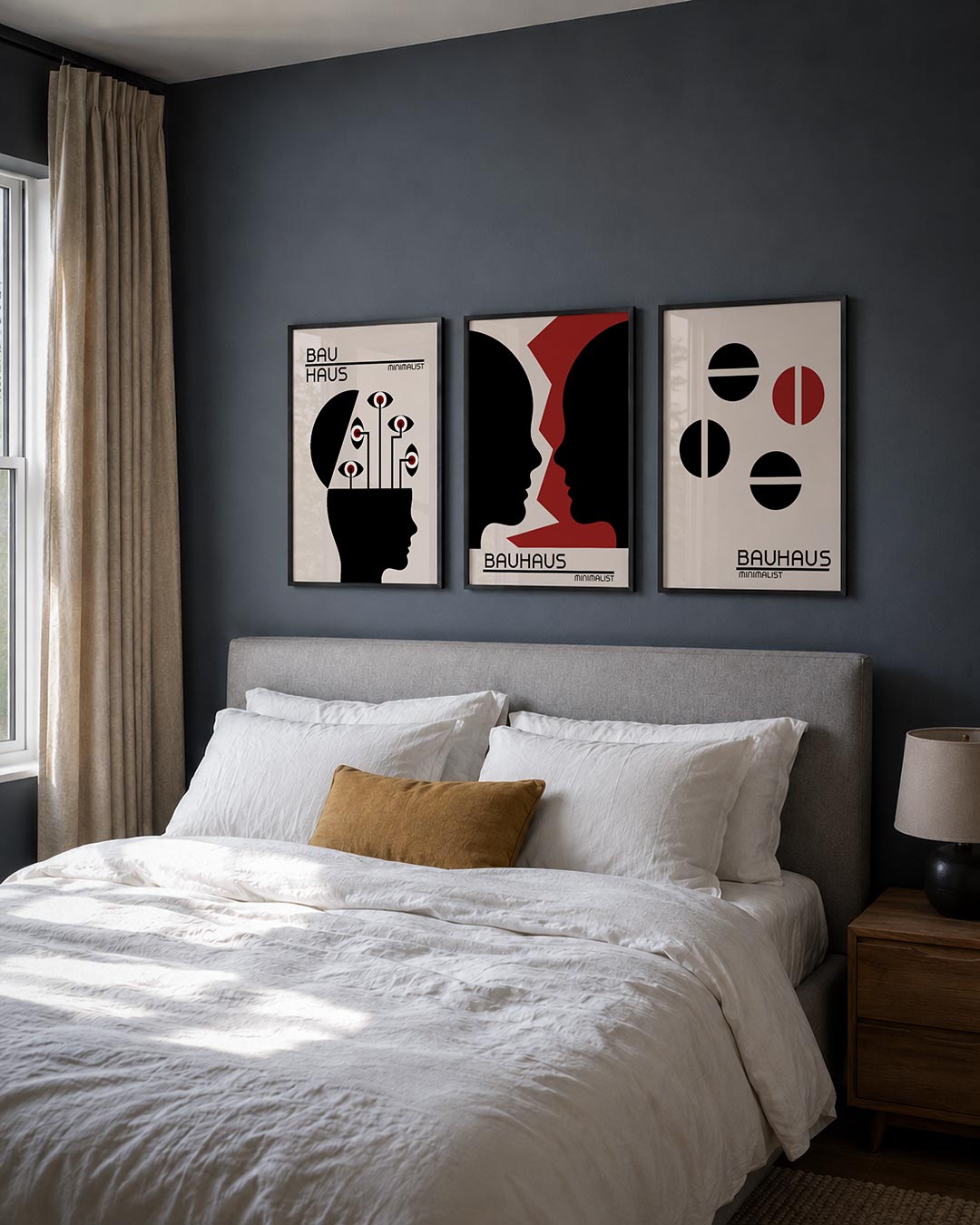 Vormen en blik posterset – derde productweergave – een silhouet met ogen op lijnen, in zwart, wit en rood. Strakke lijnen en