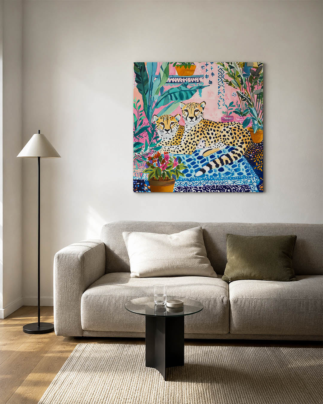 Exotische dieren en planten kunstwerk – detailweergave – dit werk toont twee luipaarden te midden van een weelderige