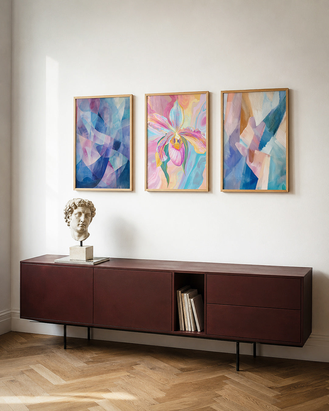 Kleurvlakken harmonie posterset – tweede productweergave – deze posterset in drie delen toont een vloeiend lijnenspel
