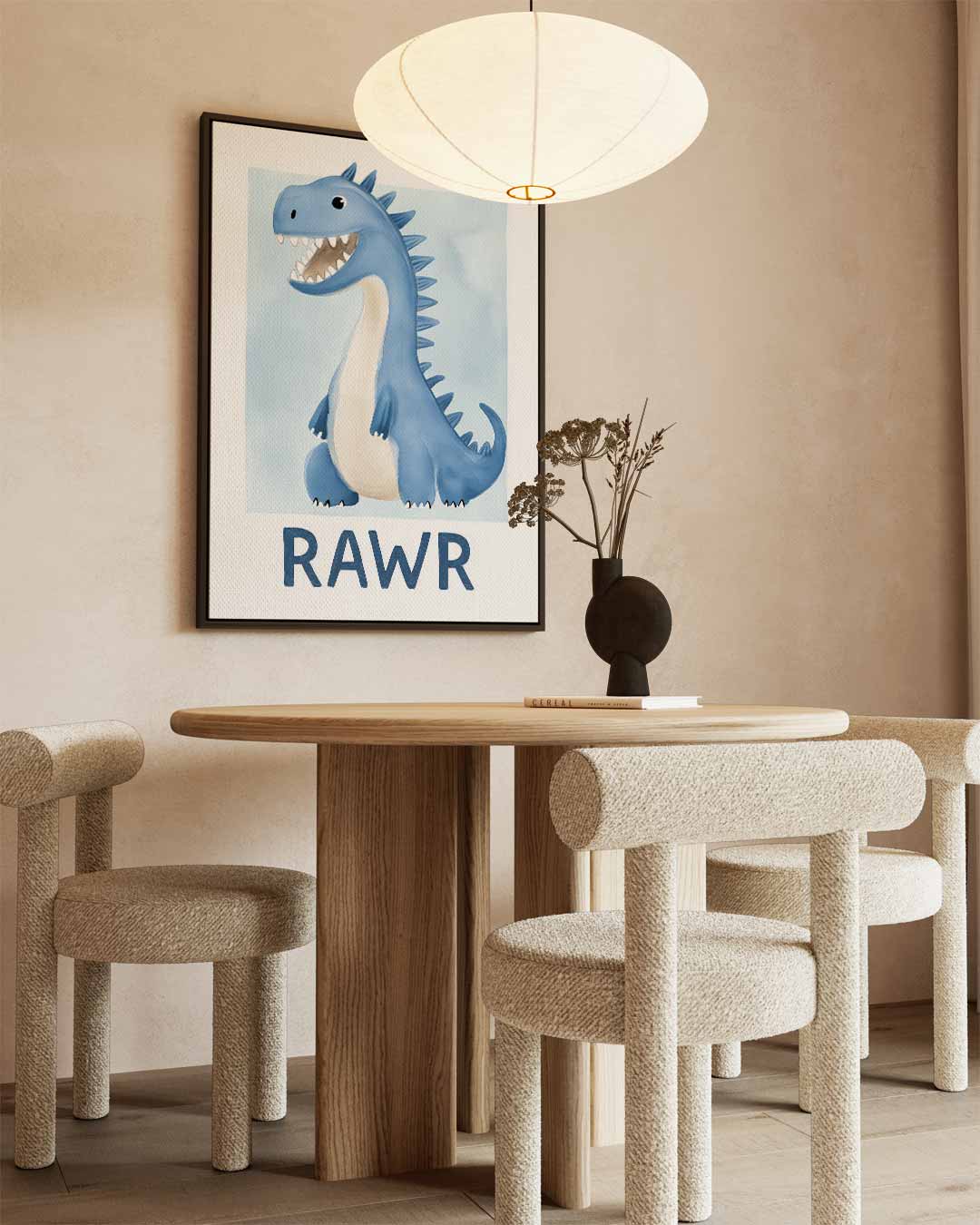 Vrolijke Dino Poster – kunstwerk met zwarte baklijst