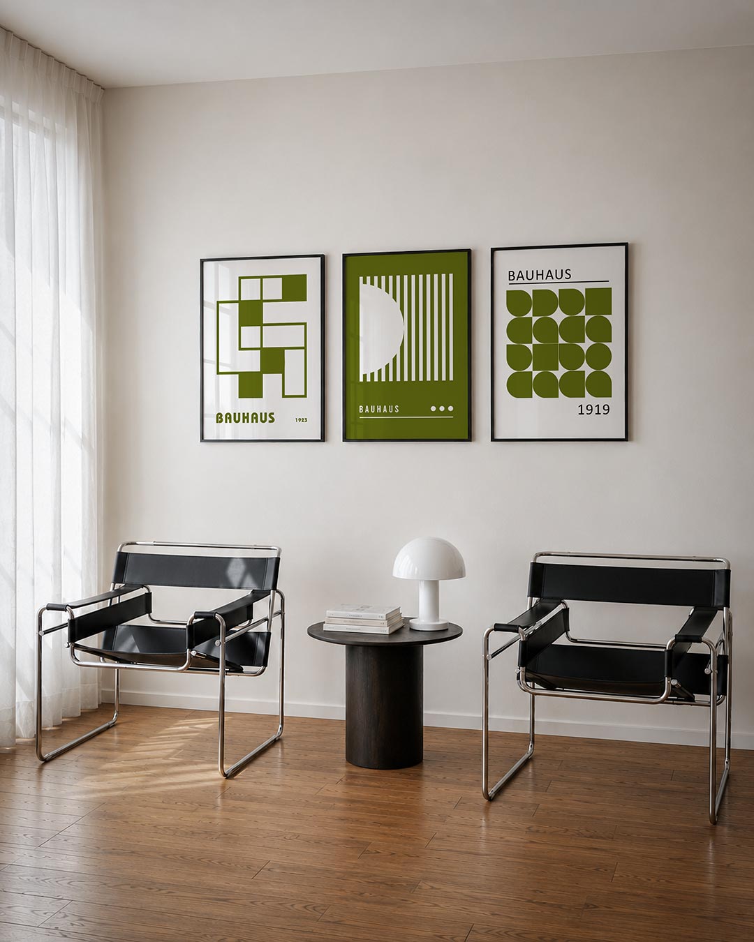 Vorm en balans driedelige posterset – deze posterset in drie delen toont een spel van olijfgroene rechthoeken en vierkanten