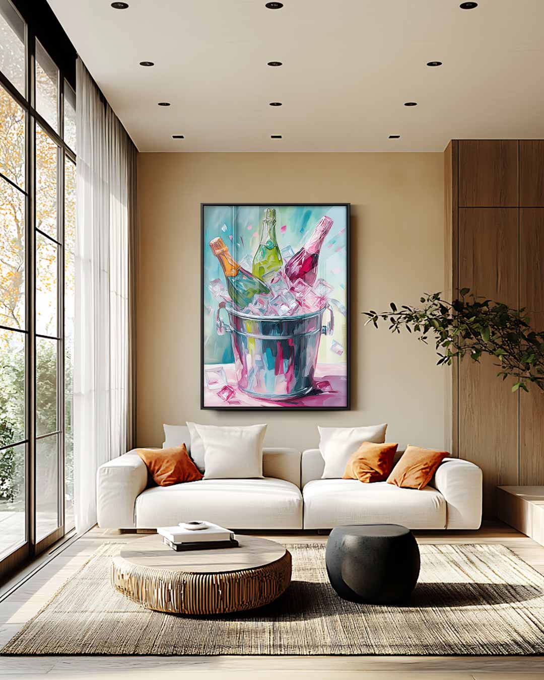 Drie Champagneflessen op IJs – plexiglas wanddecoratie in portret formaat