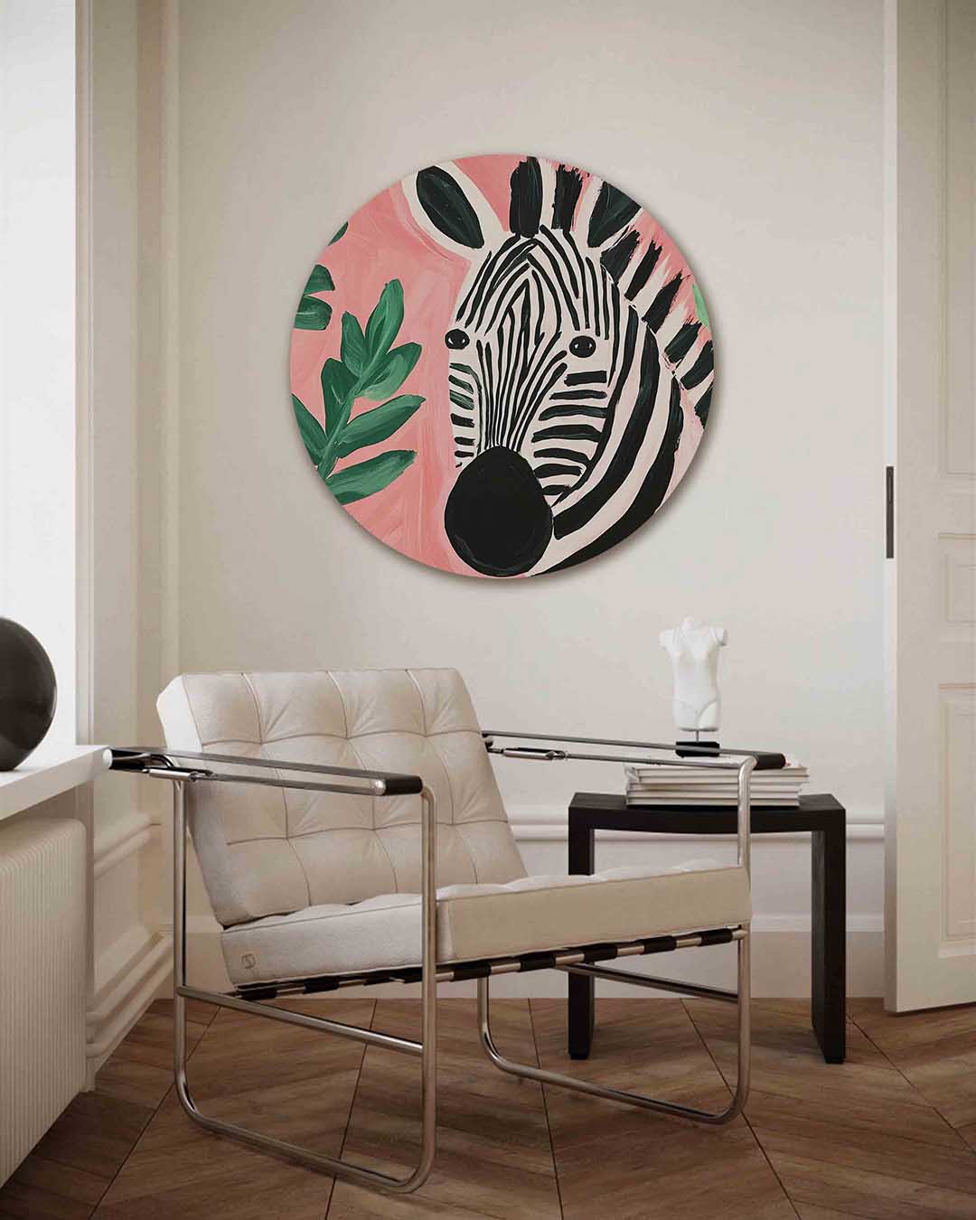 Zebra en bladeren – kleurrijke illustratie muurcirkel als wanddecoratie
