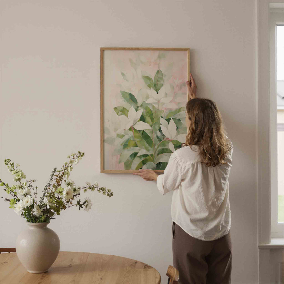 Witte bloemen en groene bladeren – botanische wandkunst als portret poster