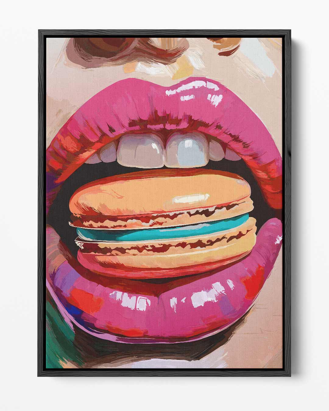 Kleurrijke Lippen en Macaron – portret kunstwerk als wanddecoratie