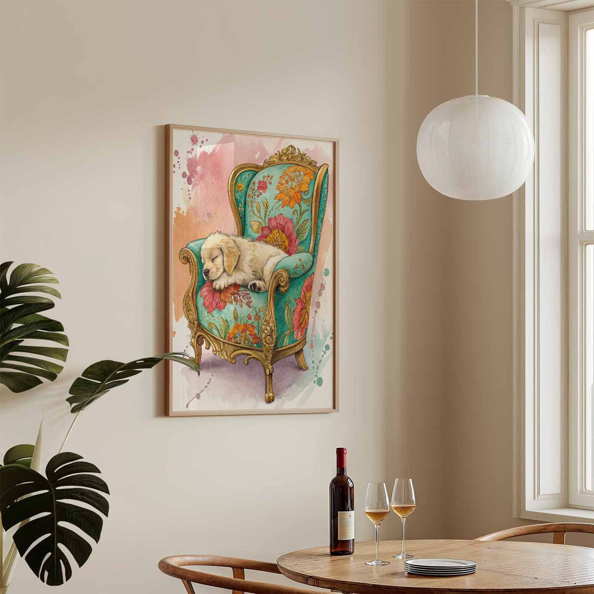 Hond op Sierstoel – zomerse wandkunst als portret poster