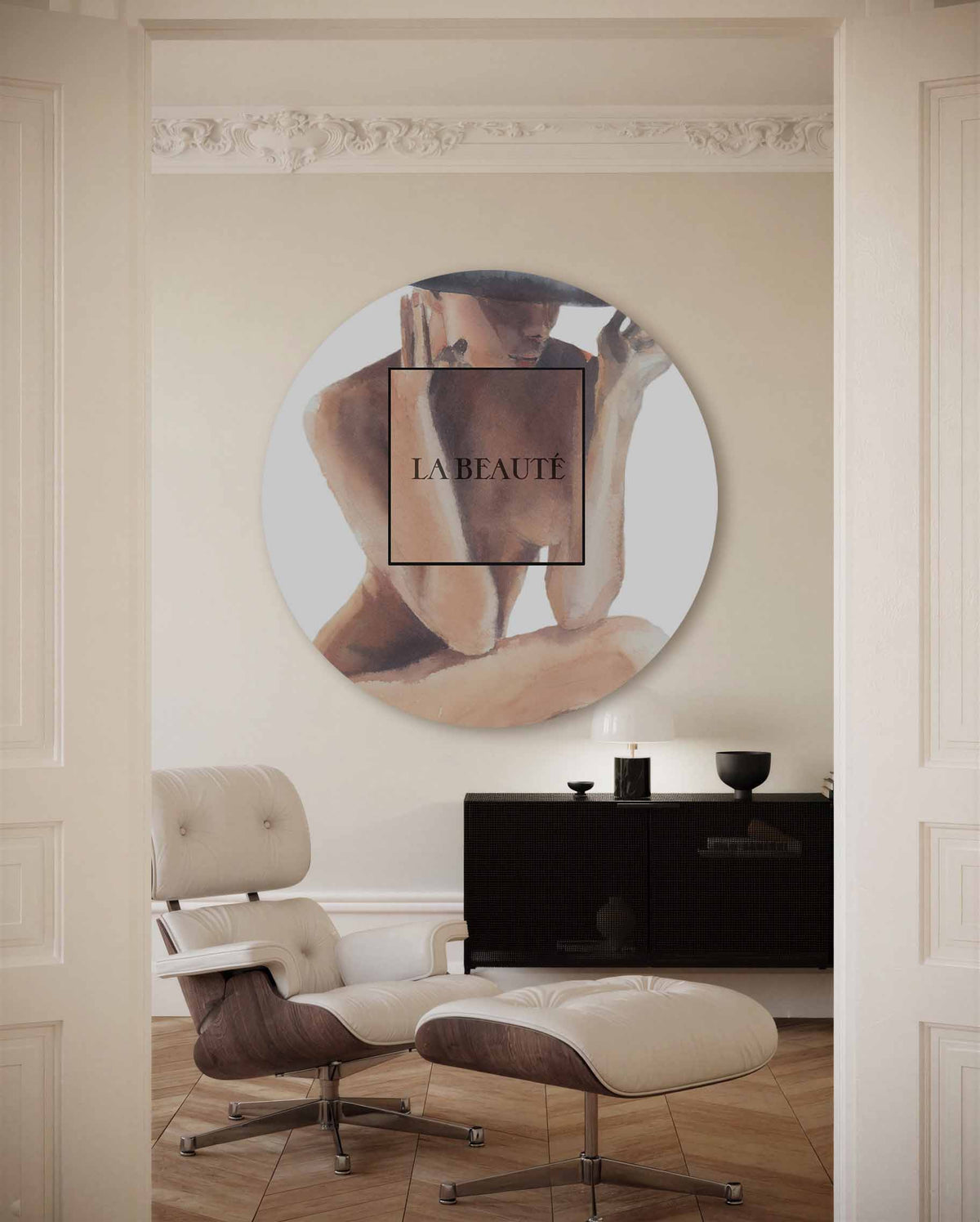 Vrouw met hoed – illustratie muurcirkel als ronde muurdecoratie