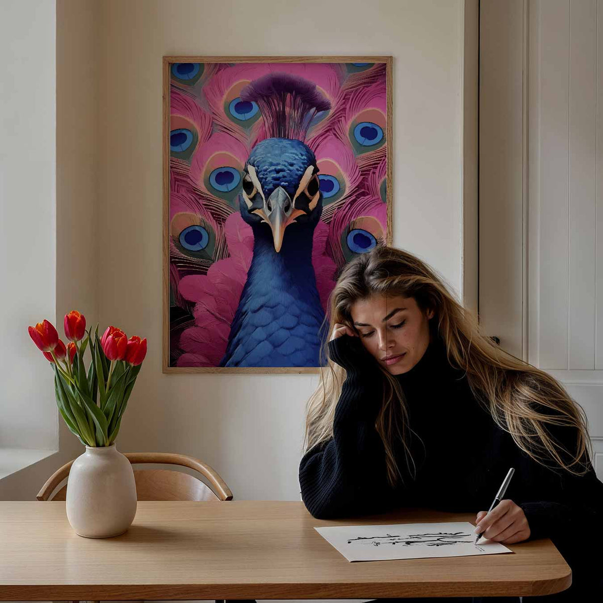 Vrolijke Pauwenpracht – staande dieren wanddecoratie van WallArtistic