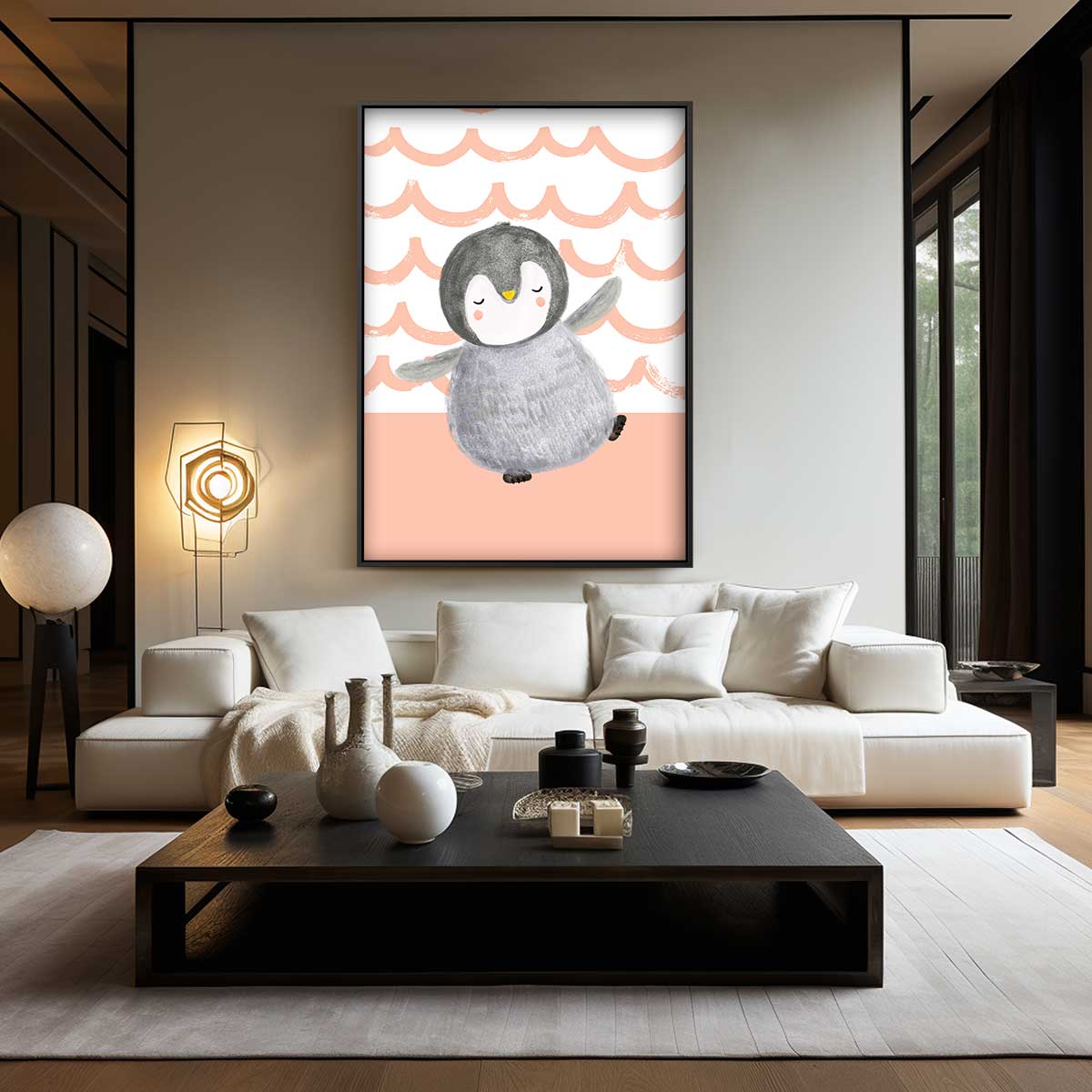 Dromerige Pinguïn Knuffelposter – canvas wanddecoratie in portret formaat