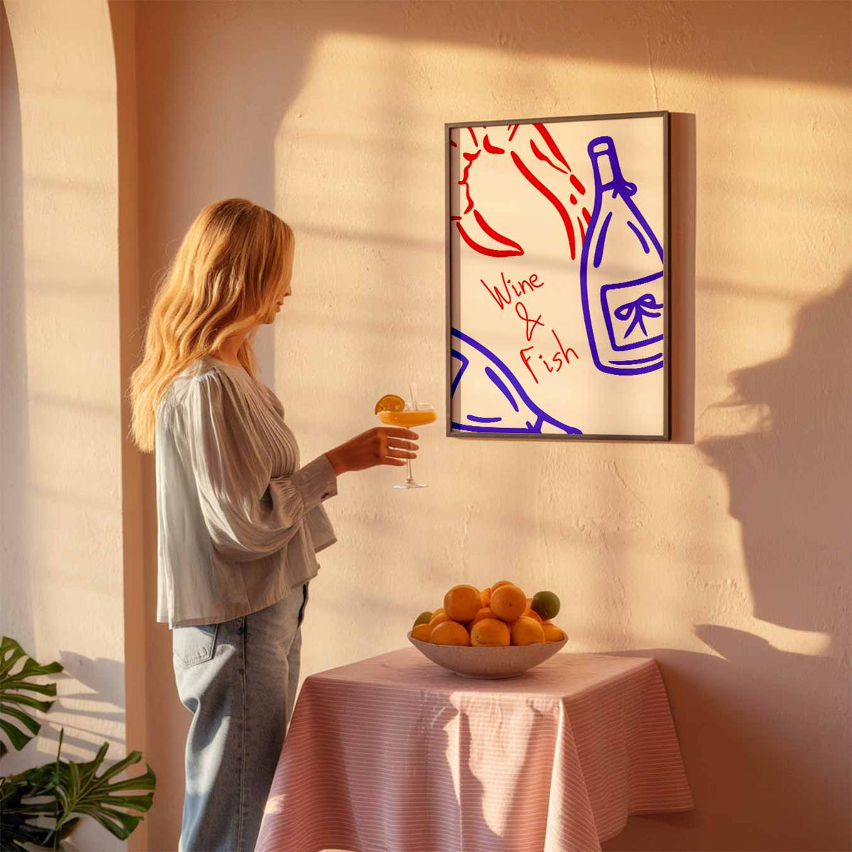 Wijn & Vis Stijlvolle – keuken poster als sfeervolle staande wanddecoratie
