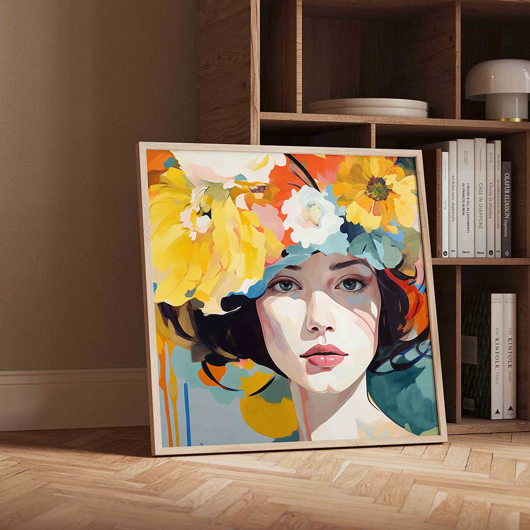 Vrouw met bloemen – vierkante portret wanddecoratie van WallArtistic