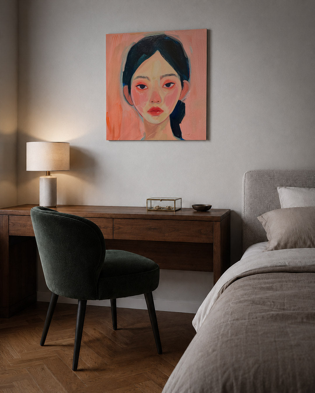 Portretstudie kunstwerk – sfeerbeeld – dit werk toont een portret met zachte penseelstreken. De kleuren roze en blauw creëren