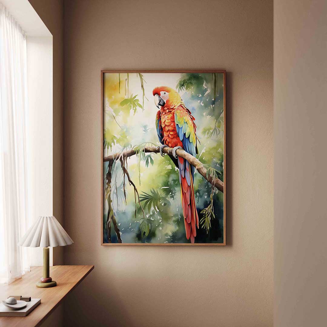 Papegaai op tak – staande jungle wanddecoratie van WallArtistic