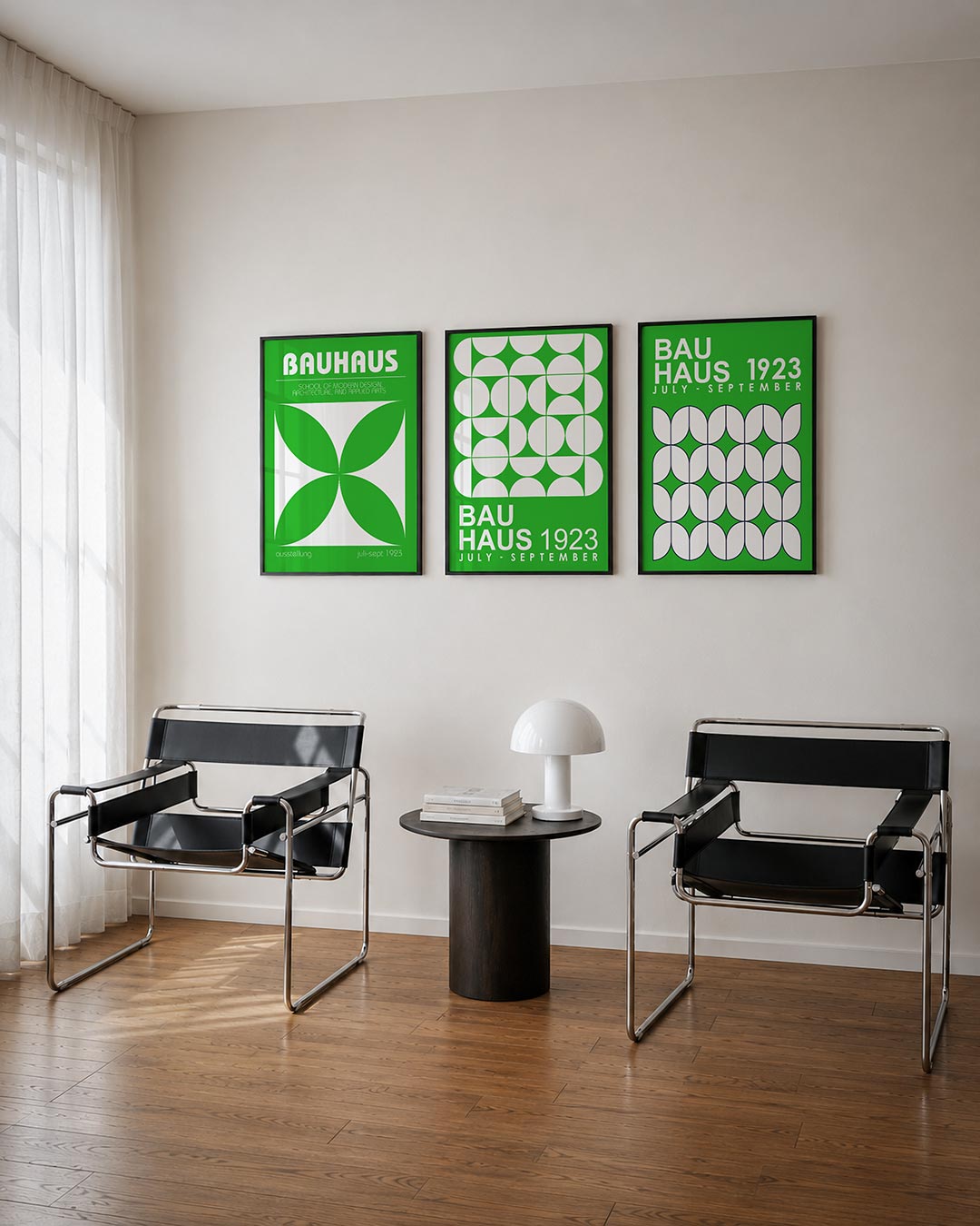 Groene symmetrie posterset – tweede productweergave – deze posterset in drie delen toont een levendige groene achtergrond met