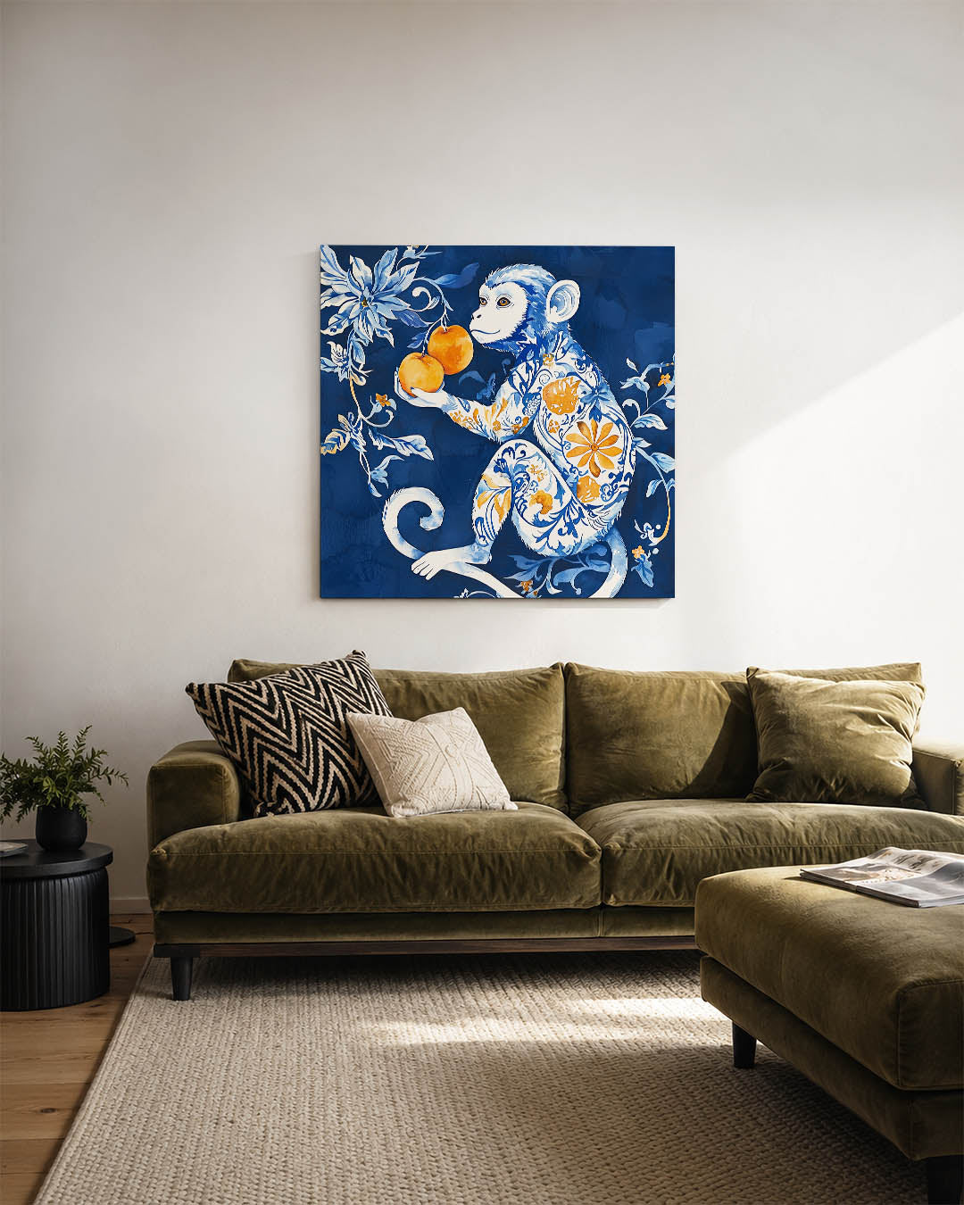 Fantasierijke aap kunstwerk – sfeerbeeld – dit kunstwerk toont een gedetailleerde aap met sierlijke patronen in blauw en