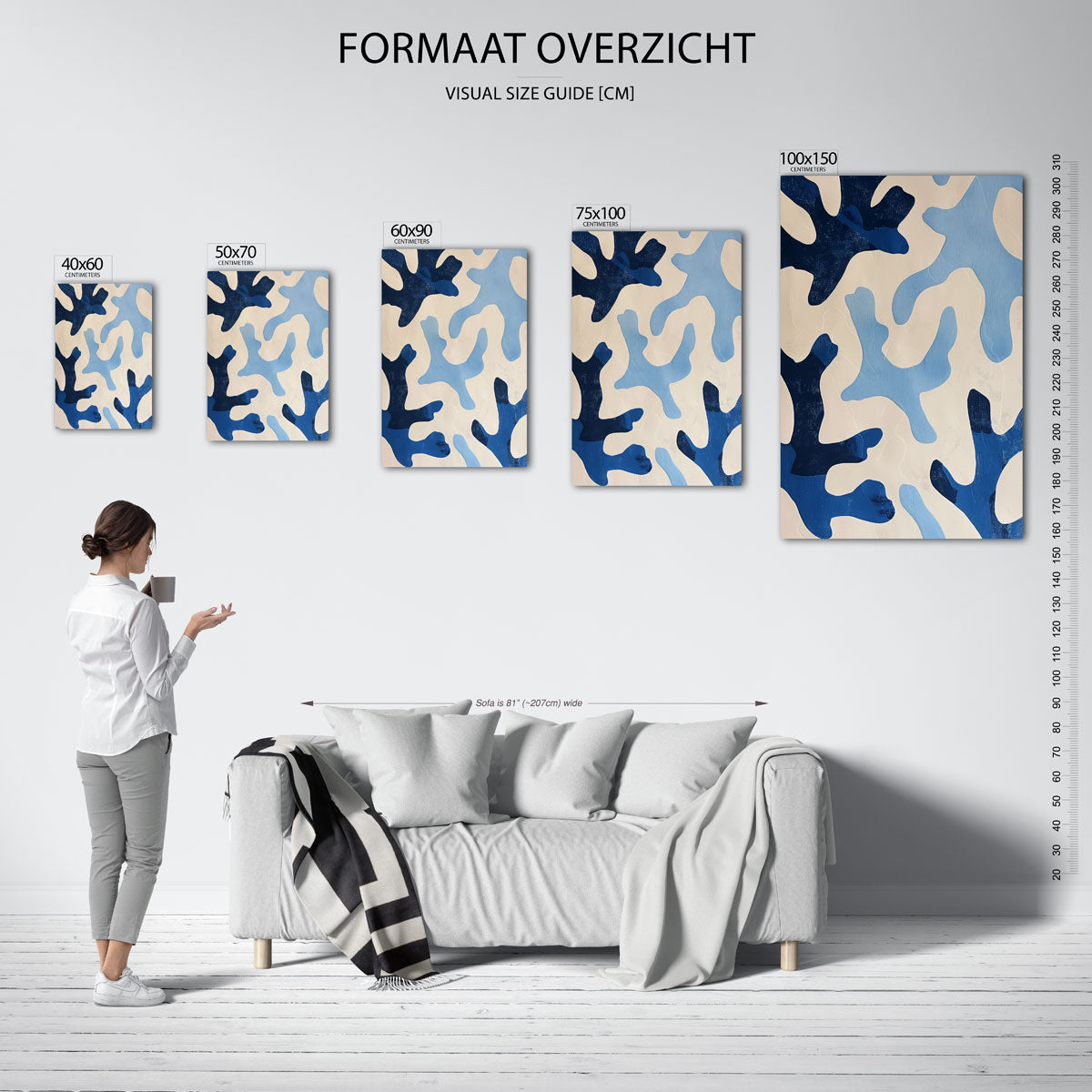 Organische blauwe vormen – moderne staande wandkunst