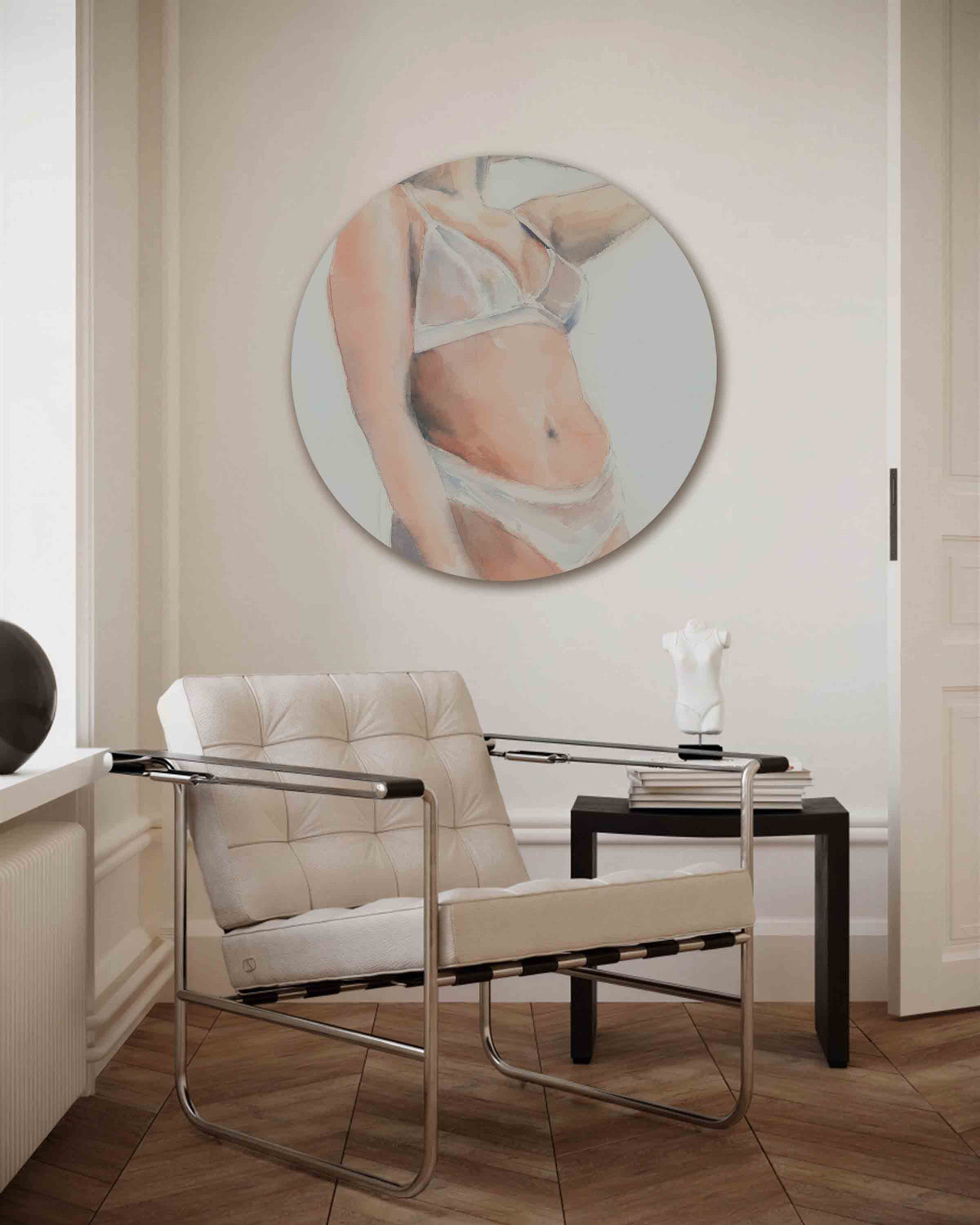 Vrouw in lingerie – kleurrijke illustratie muurcirkel als wanddecoratie