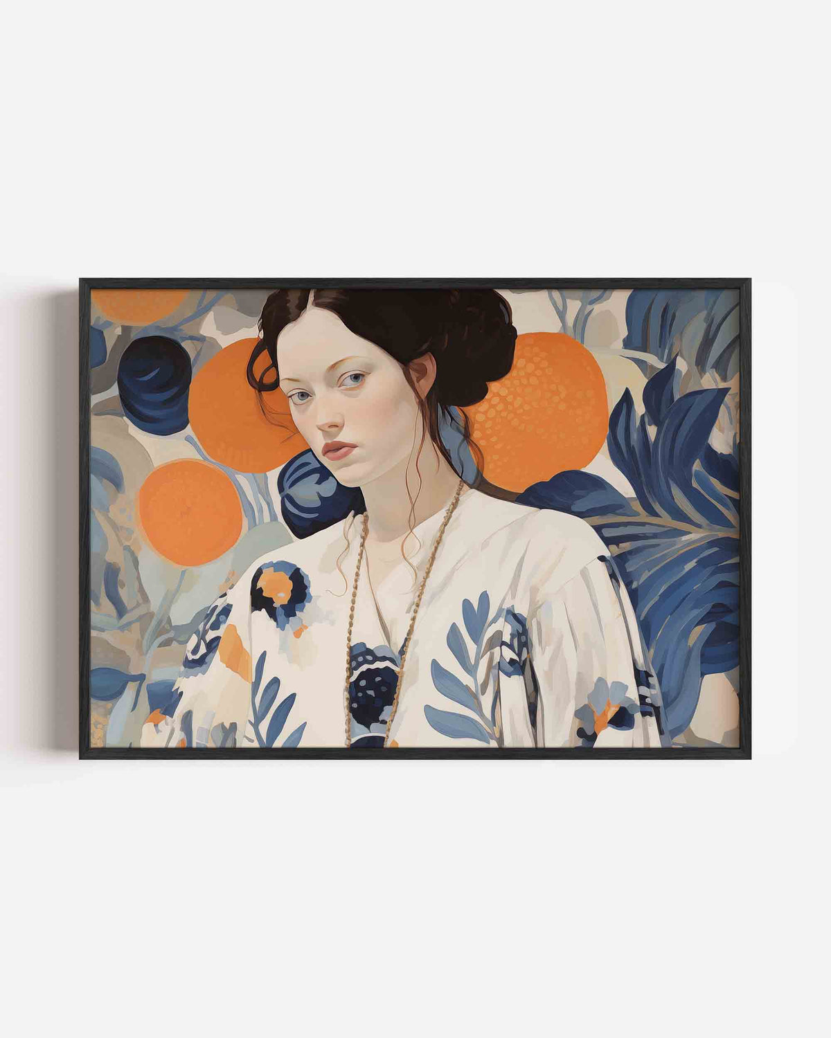 Vrouw met oranje en blauwe accenten – vrouwelijk portret als landscape poster