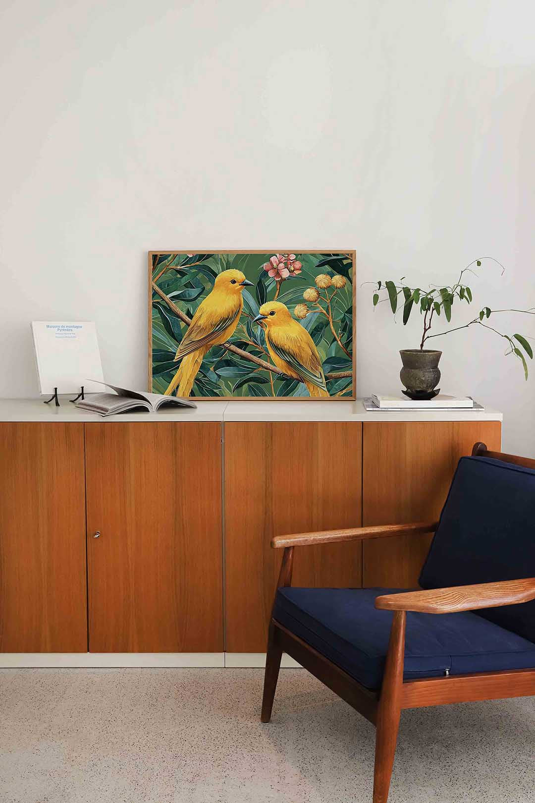 Gele vogels en bladeren – liggende dieren wanddecoratie van WallArtistic