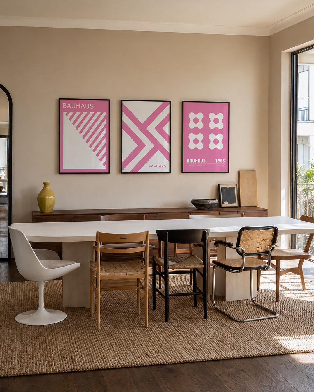 Roze lijnenspel driedelige posterset – deze posterset in drie delen toont een speelse wisselwerking van roze diagonale lijnen