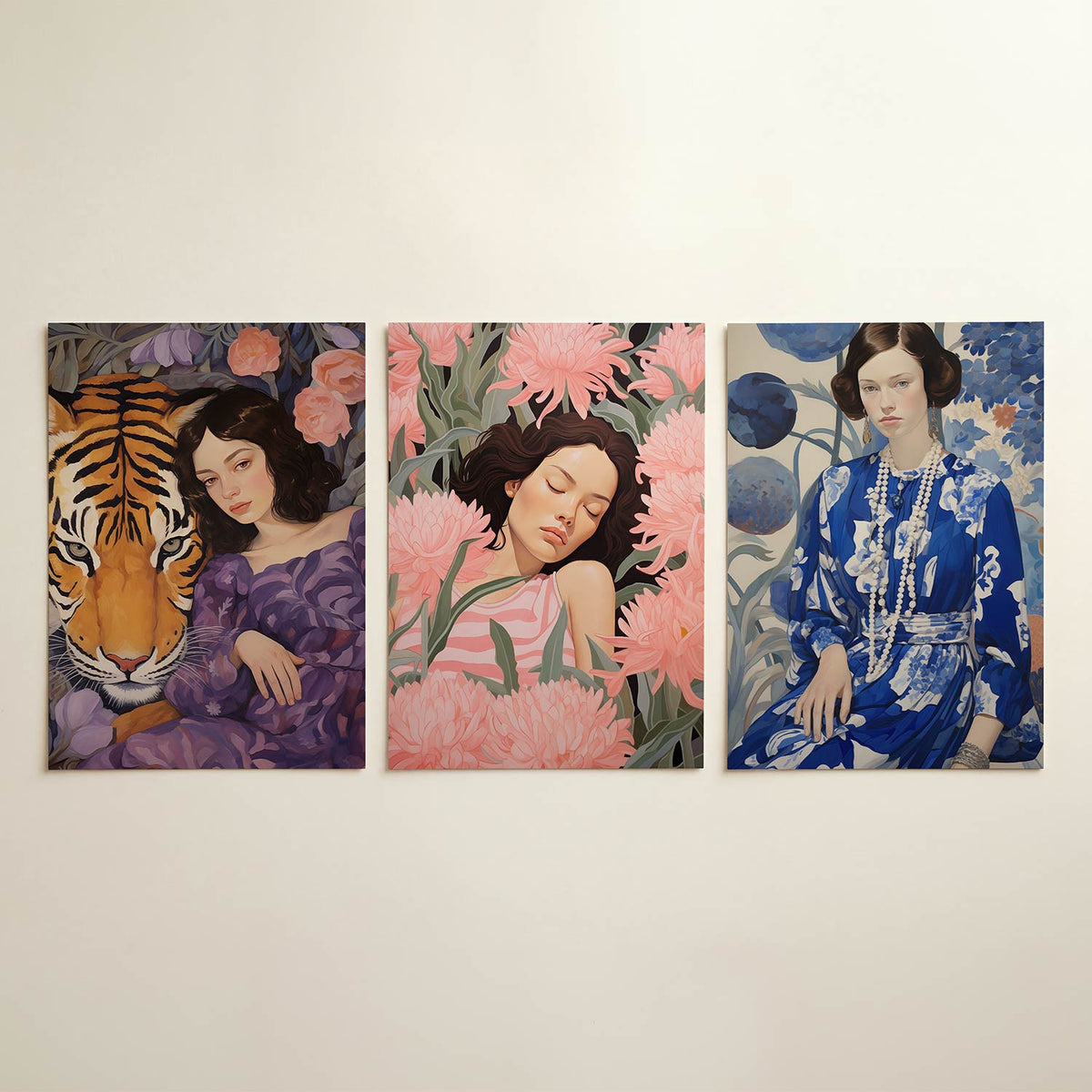 Dier en mens harmonie posterset – detailweergave – een vrouw in een paarse jurk ligt naast een tijger