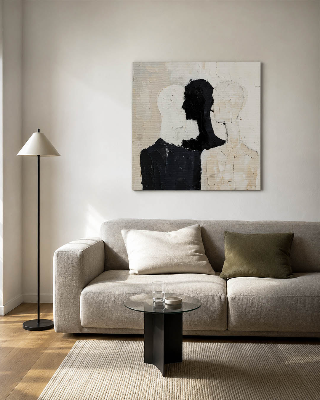 Gelaagde silhouetten kunstwerk – vierkante wanddecoratie – dit werk toont drie overlappende silhouetten in zwart, wit en