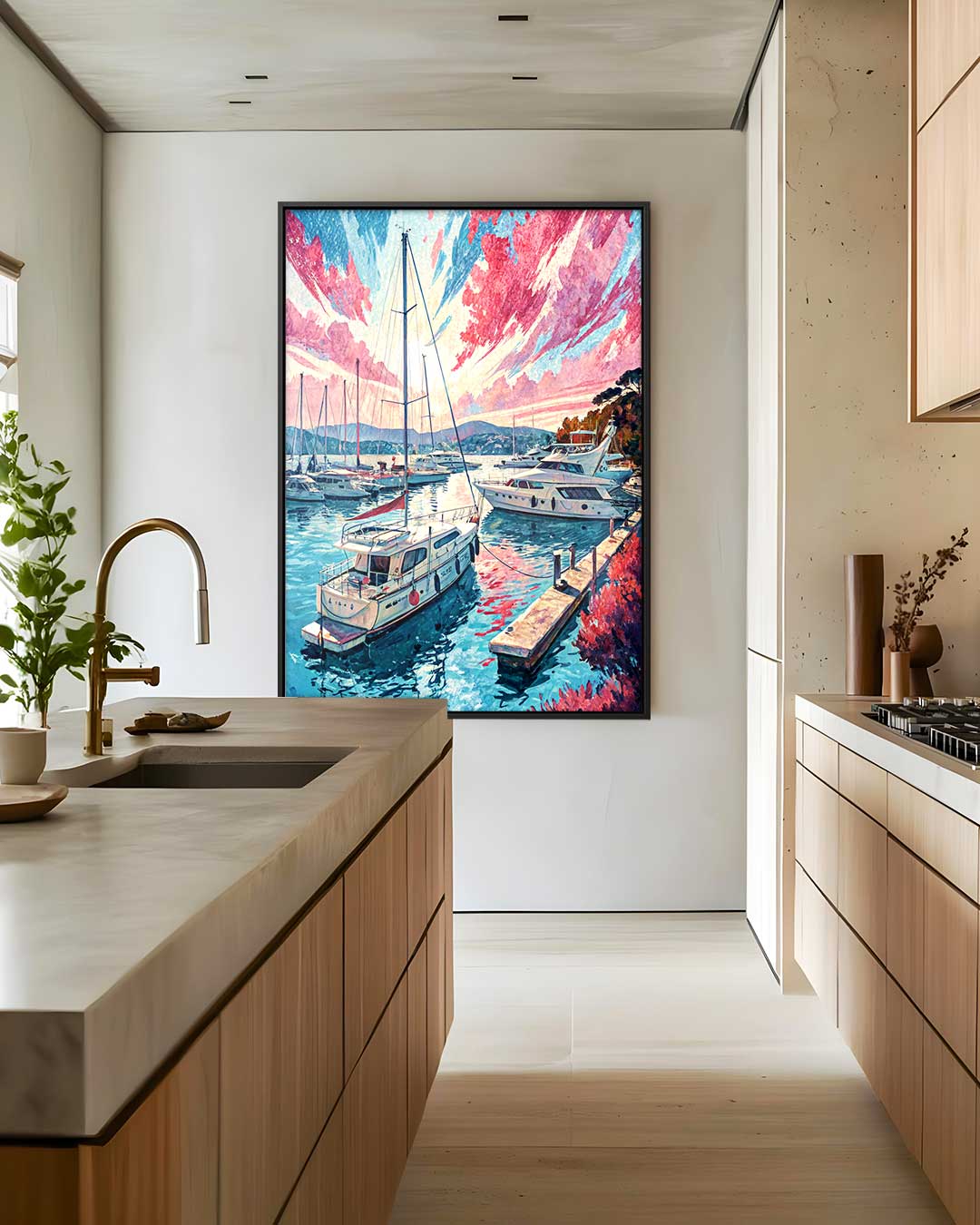 Magische Havenscène bij Zonsondergang – canvas wanddecoratie in portret formaat
