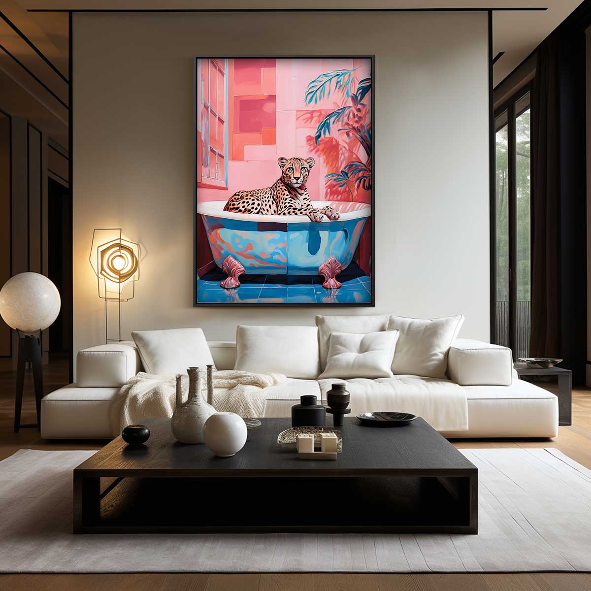 Luxueuze Luipaard in Bad – staand kunstwerk voor modern interieur