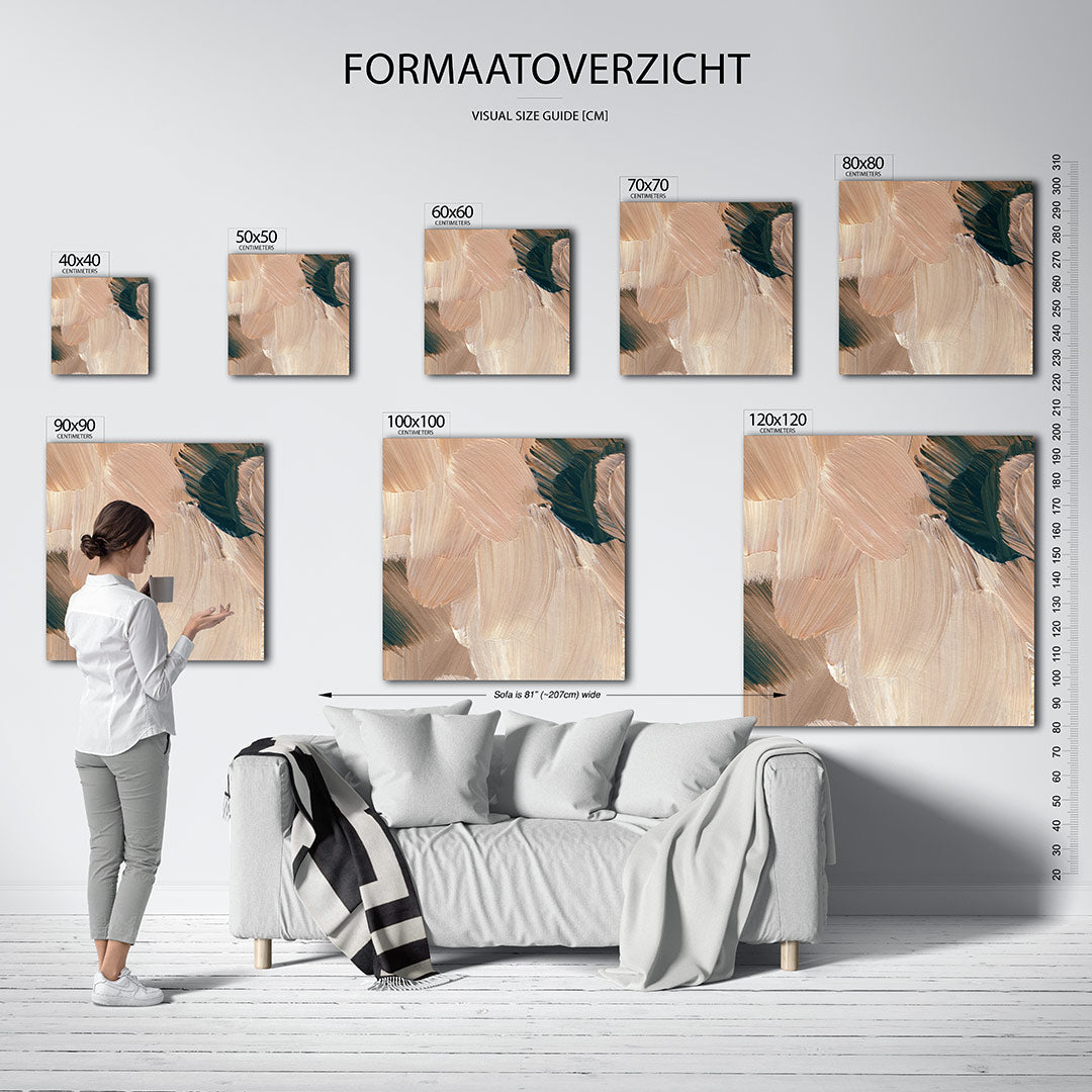Organische penseelstreken kunstwerk – dit werk toont vloeiende penseelstreken in beige en bruin, met subtiele contrasten en