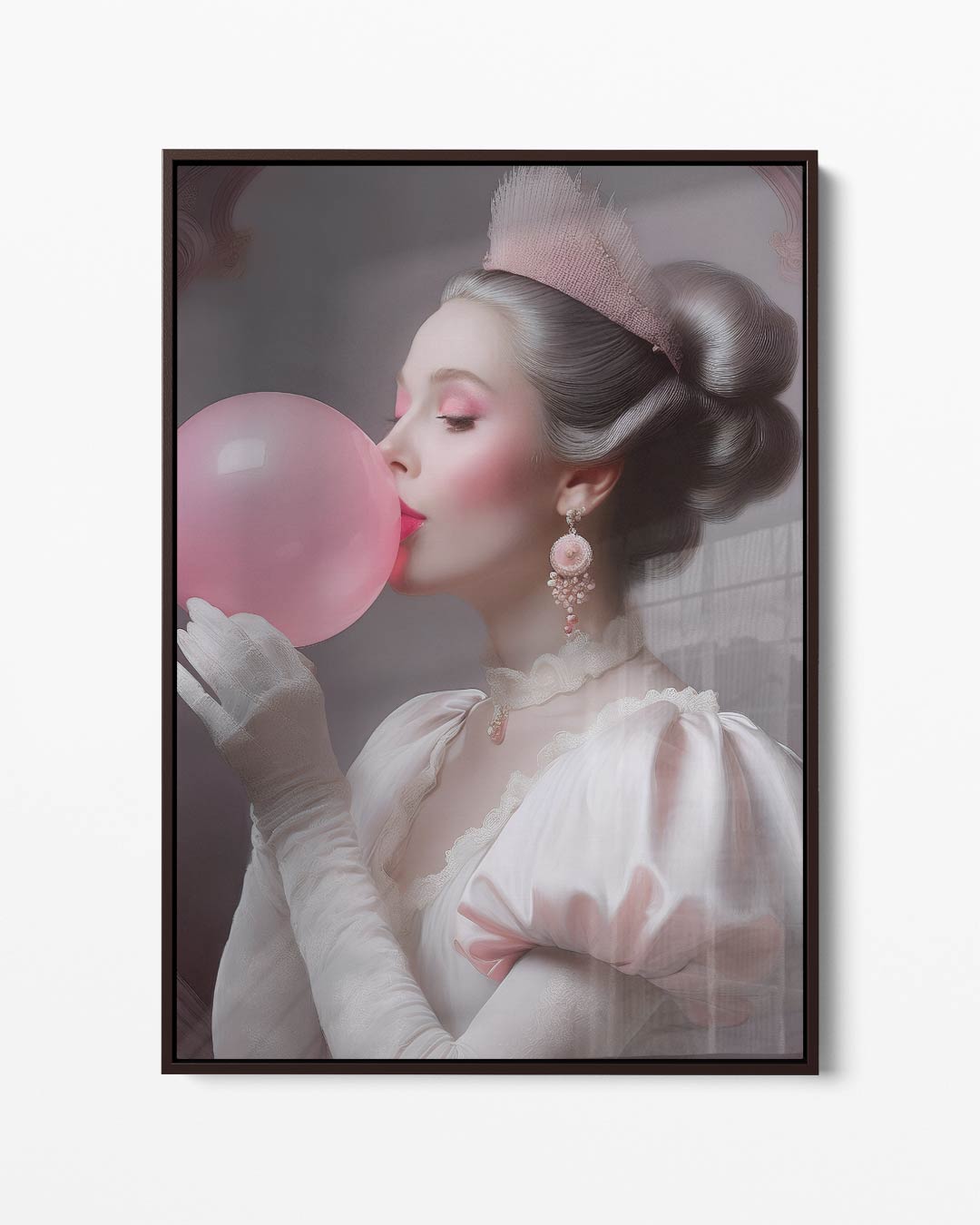 Vintage Prinses met Roze Bubbel – portret kunstwerk als wanddecoratie