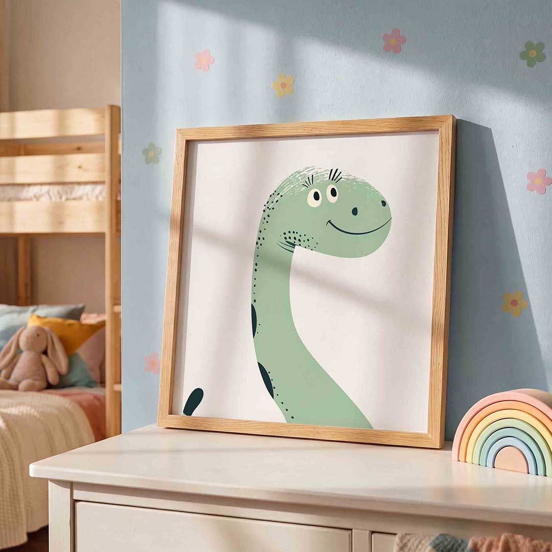 Dinosaurus glimlach – speelse wandkunst als vierkante kinderposter