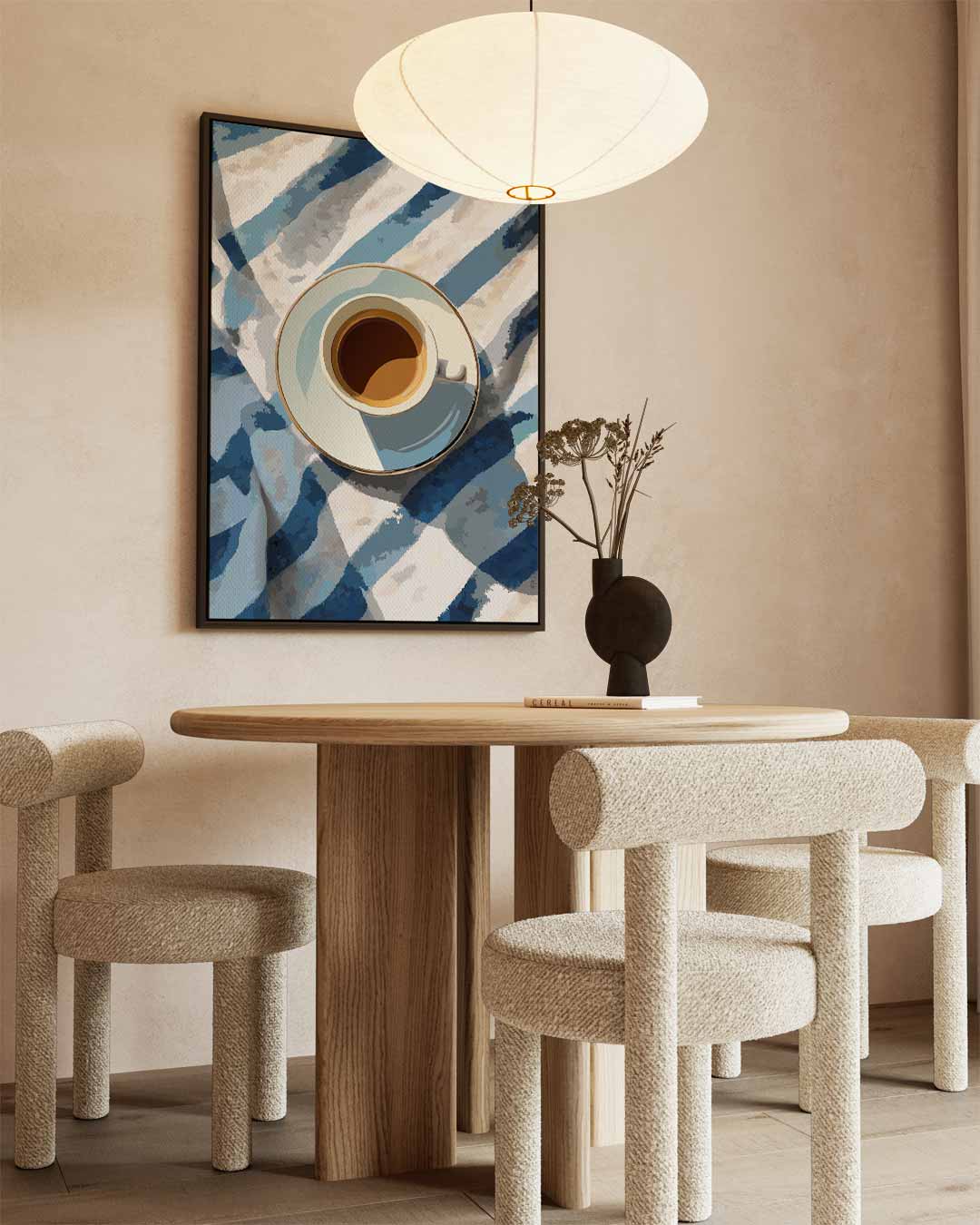 Koffiekopje op Blauw-Wit Doek – canvas wanddecoratie in portret formaat