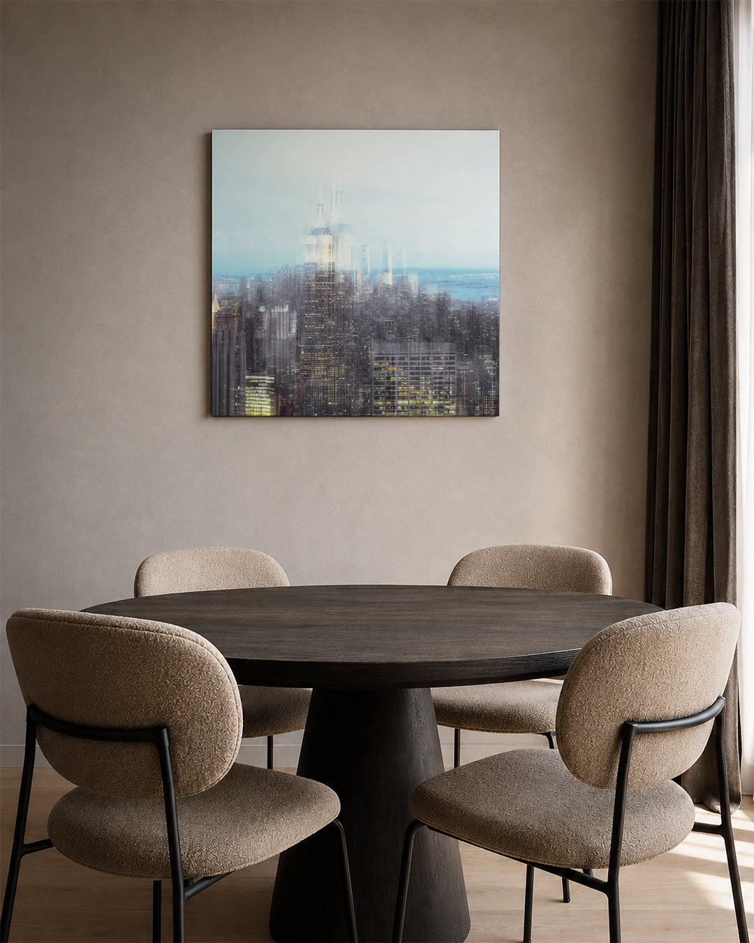 Stedelijke droom kunstwerk – tweede productweergave – deze kunstwerk toont een vervaagde skyline met hoge gebouwen die in