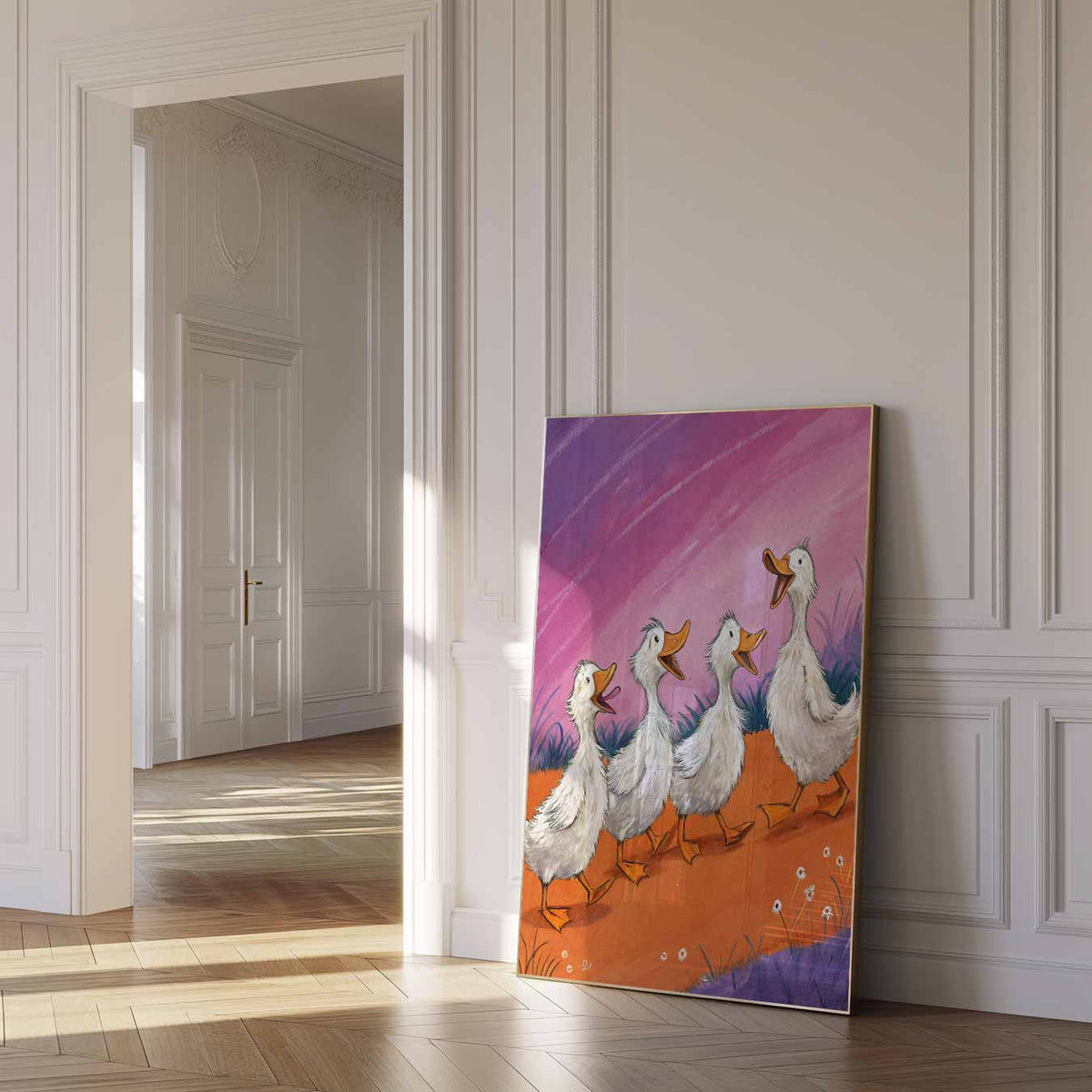 Vrolijke Eendjes Mars – dierenposter als moderne staande wanddecoratie