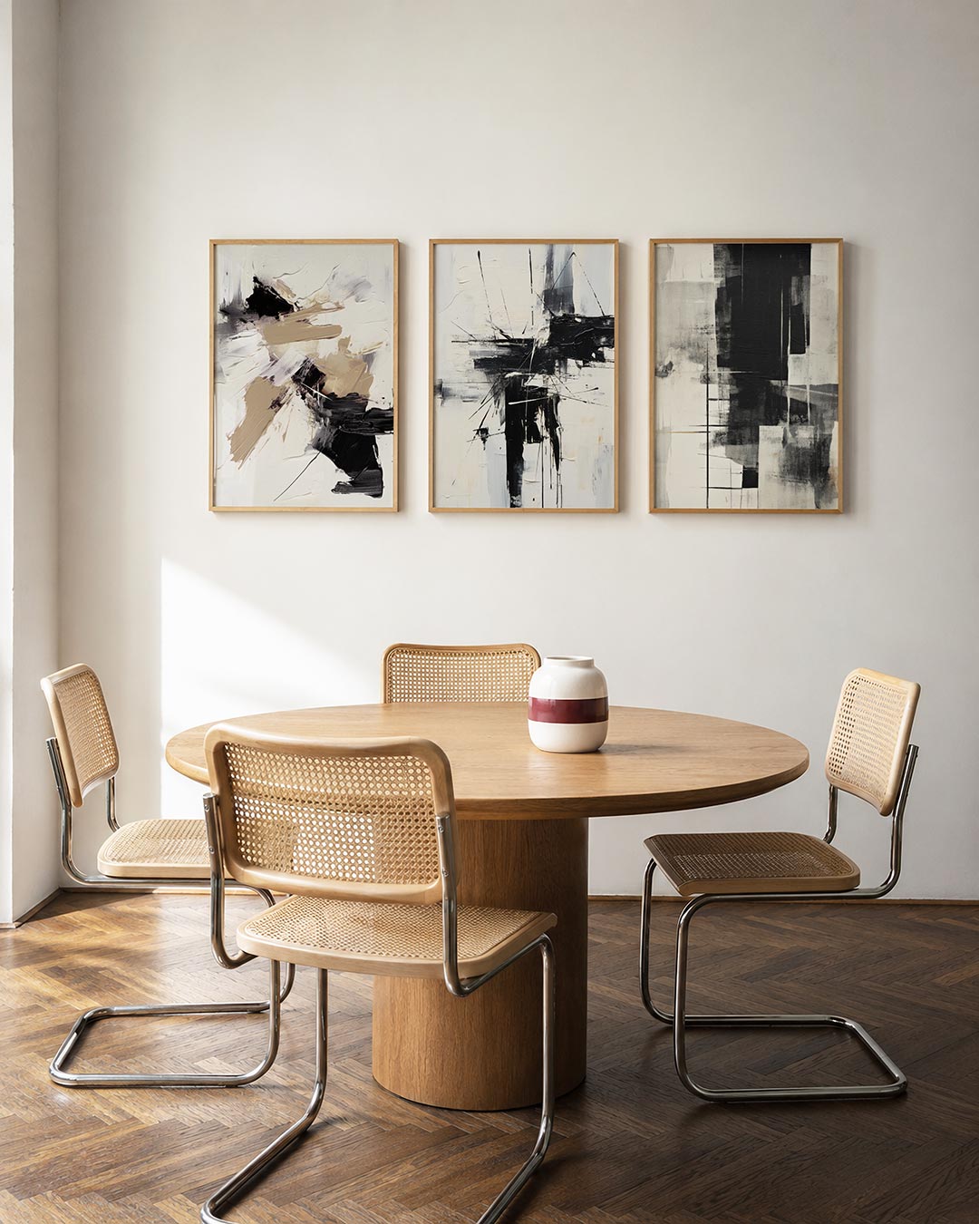 Dynamische kleurvlakken driedelige posterset in interieur