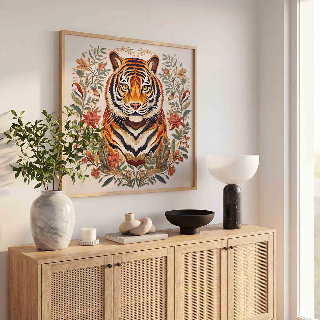 Tijger met bloemen – dierenillustratie als vierkante poster