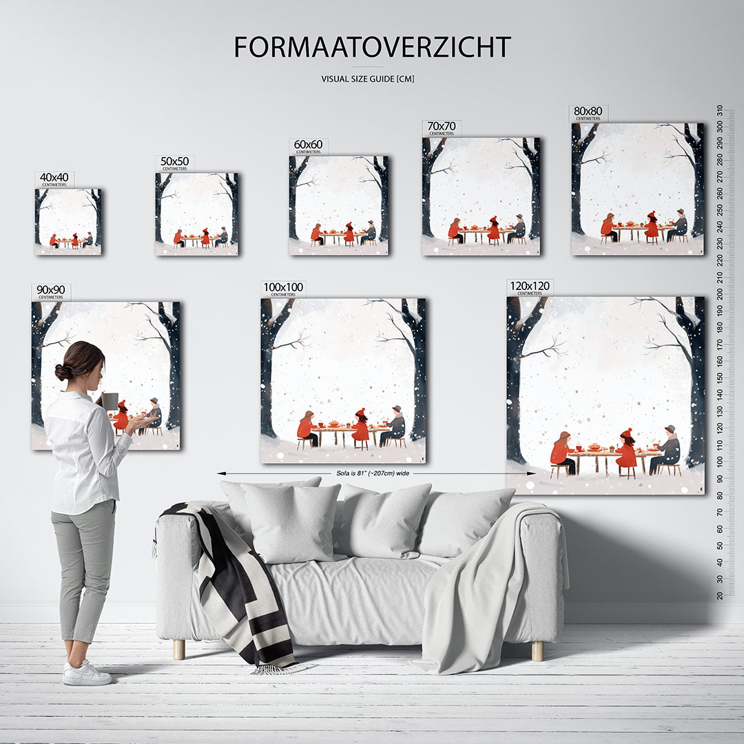 Winterse tafelscene kunstwerk – sfeerbeeld – een serene winterse tafelscene met drie figuren in warme kleding, omringd door