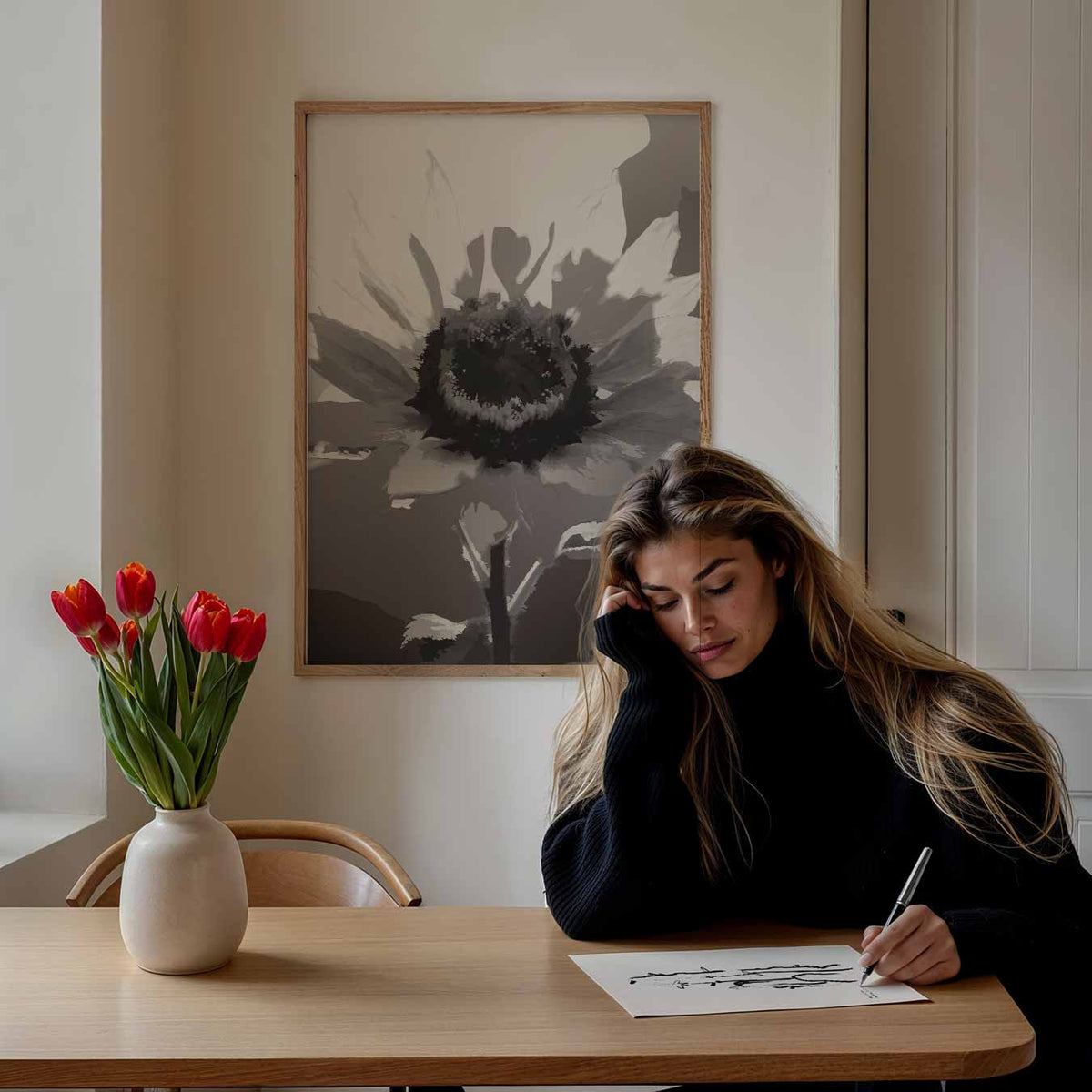 Stijlvolle Zonnebloem – bloemen poster als moderne staande wanddecoratie