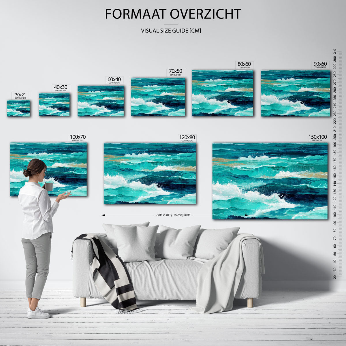 Golven in blauw – liggende muurposter met abstracte vormen
