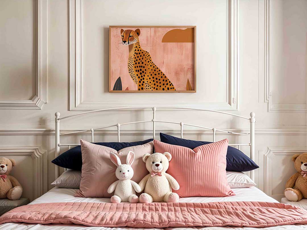Luipaard op roze achtergrond – kids poster in liggend formaat