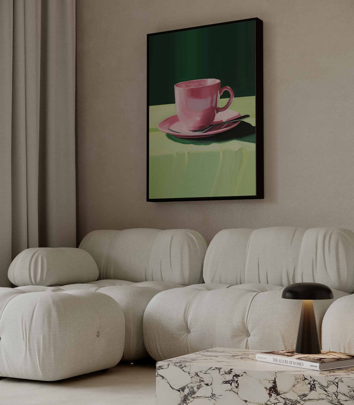 Roze Kopje op Groen Tafellaken – portret wandkunst van WallArtistic