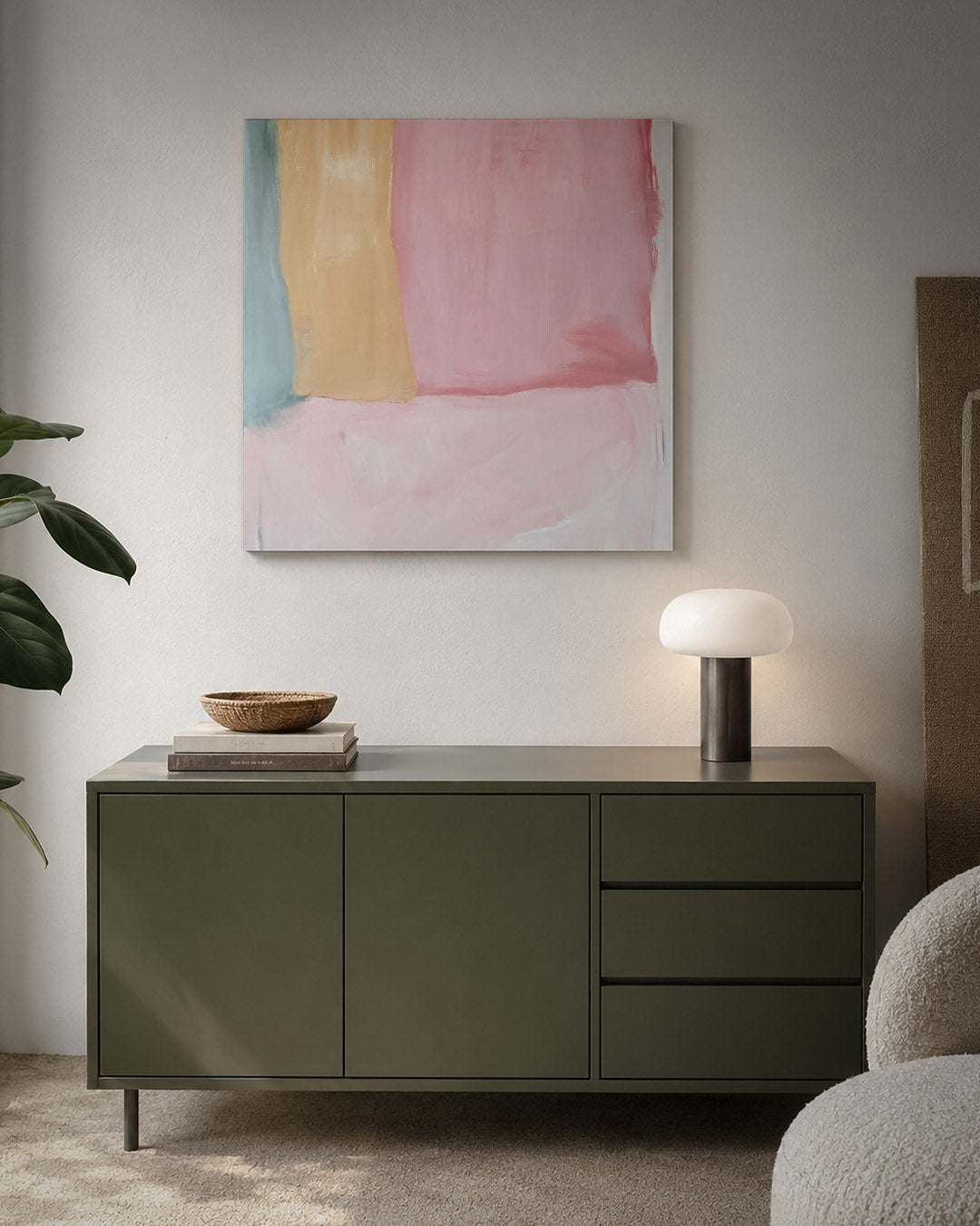 Zachte kleurvlakken kunstwerk – detailweergave – dit kunstwerk toont grote, zachte vlakken in pastelkleuren. De compositie is